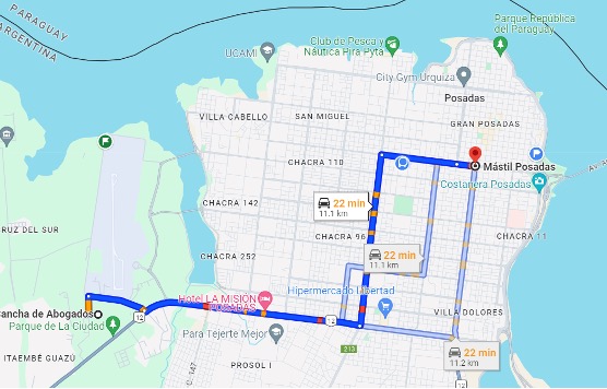 Del Micro Centro de Posadas a las canchas de Abogados y Canchas Municipales 22 min en auto.