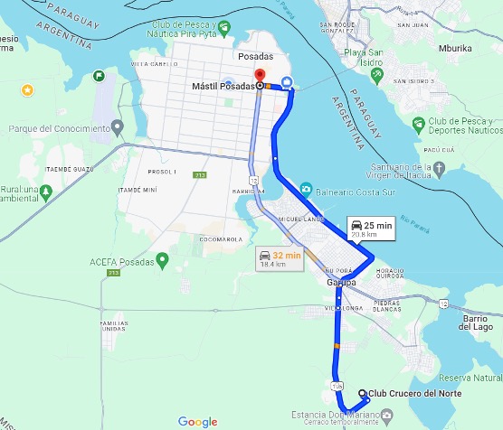 Del Micro Centro de Posadas al Club Crucero del Norte 25 min en auto.