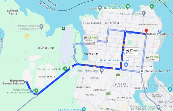 Del micro centro de Posadas al Hipódromo Gral. Belgrano 27 min en auto.